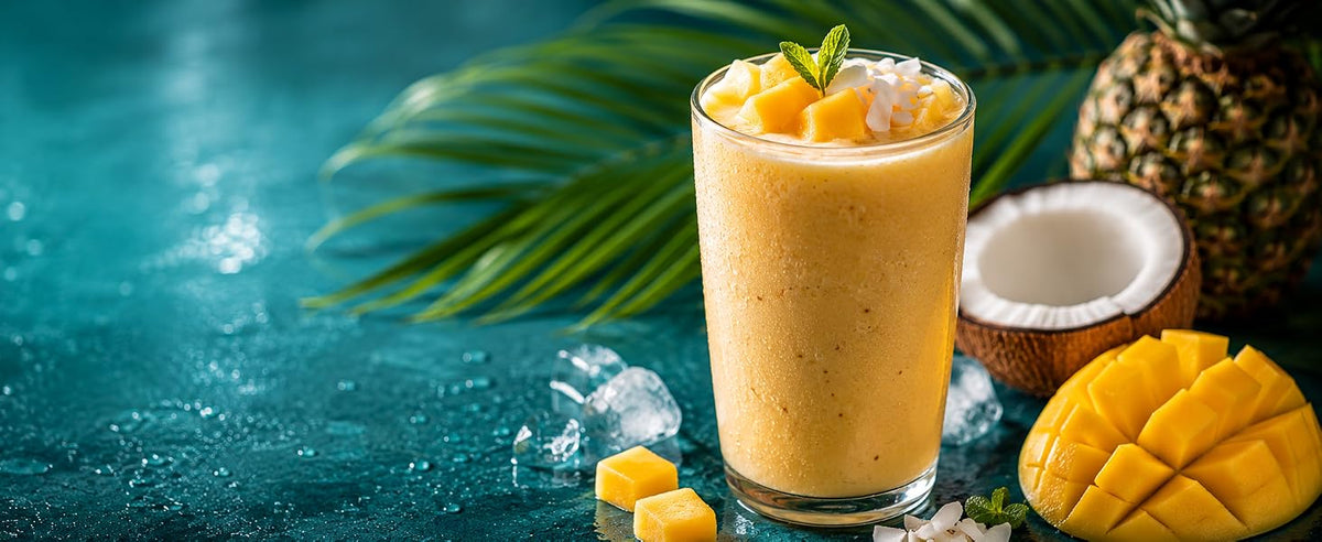 Smoothie tropical con base de agua de coco en polvo, mango, piña y plátano