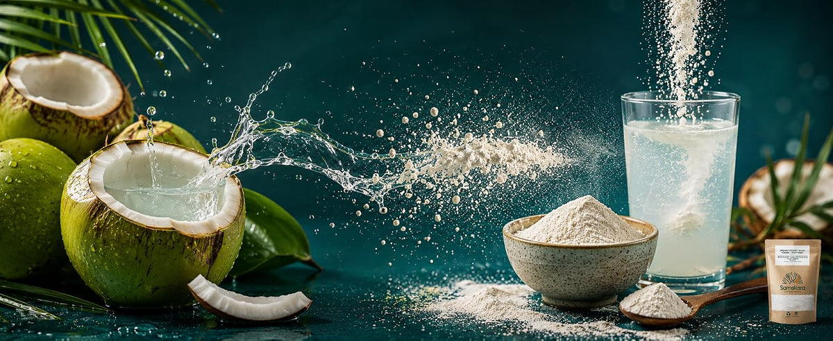 Agua del interior del coco joven secada suavemente en agua de coco en polvo