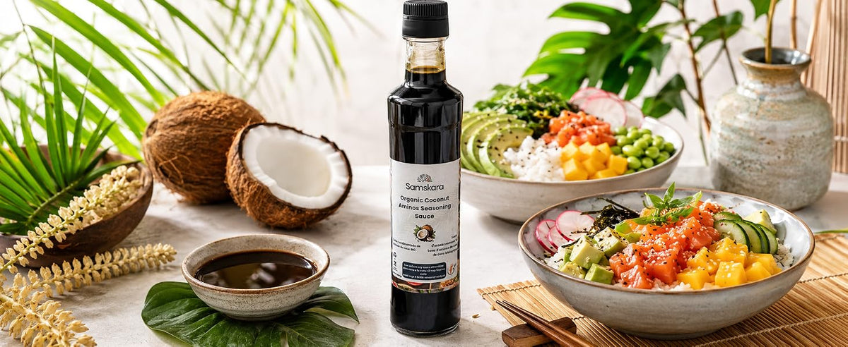 Aminos de coco ecológicos Samskara, alternativa suave a la salsa de soja con sabor umami sin soja