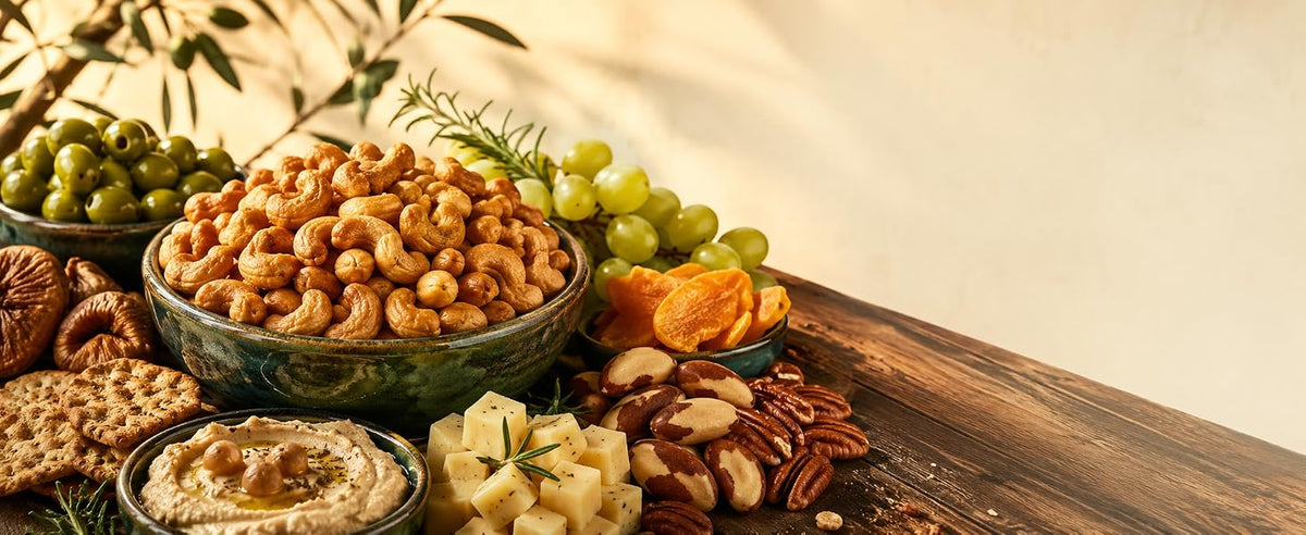 Tabla de aperitivo gourmet con anacardos tostados, fruta seca, aceitunas y quesos