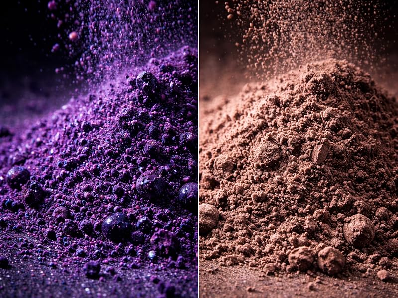 Arandano en polvo liofilizado de color morado intenso frente a polvo atomizado de color apagado