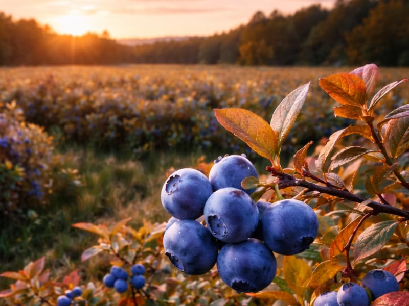 Campo de arándanos ecológicos en la Unión Europea al atardecer