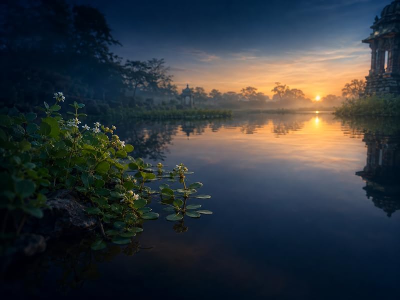 Bacopa monnieri, planta acuática con flores blancas junto a un lago en la India al atardecer