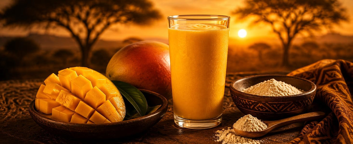 Batido africano de baobab en polvo, mango y zumo de naranja con hielo