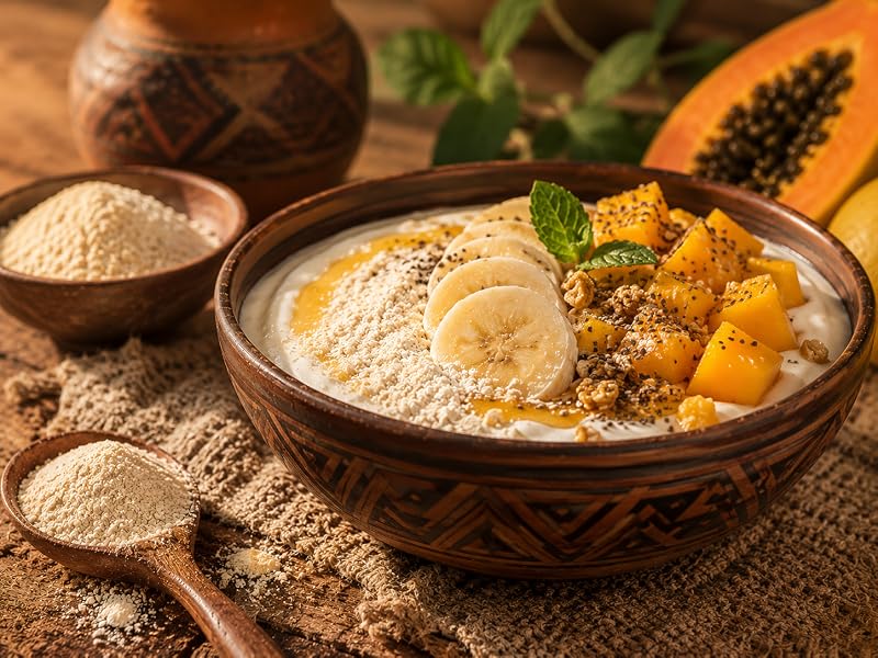 Bol de yogur con mango y plátano y baobab en polvo, muy rico en fibra