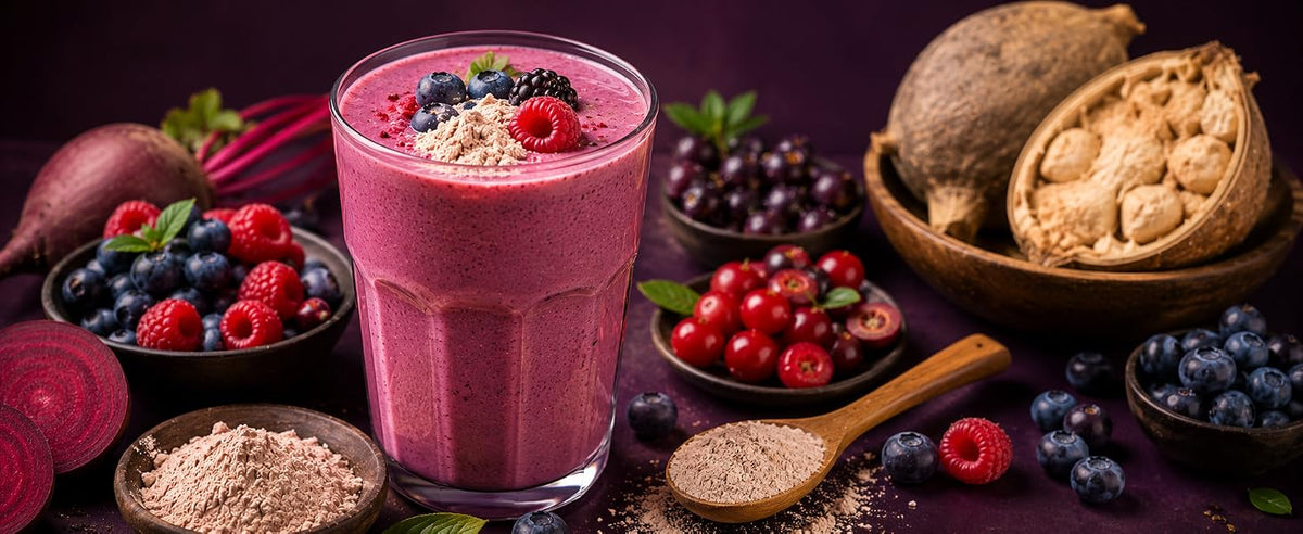 Vaso de batido rosa de bayas con frutos rojos, remolacha, baobab y cucharada de polvo de superfrutos