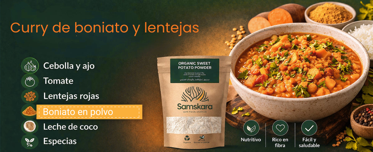 Receta de curry de boniato y lentejas con boniato en polvo ecológico, cebolla, tomate, lentejas rojas y leche de coco