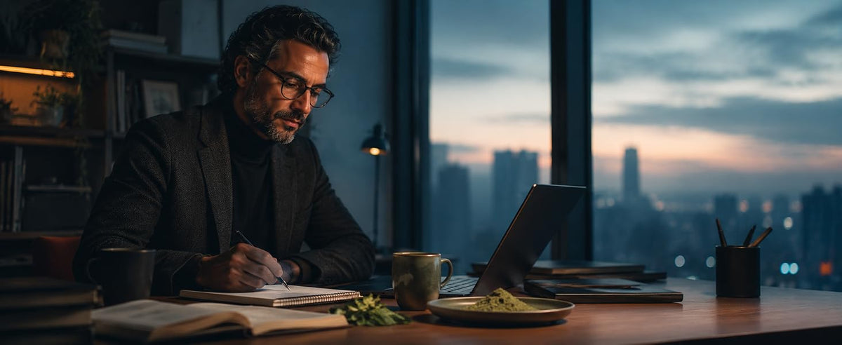 Profesional en su escritorio con una infusión herbal de brahmi en polvo