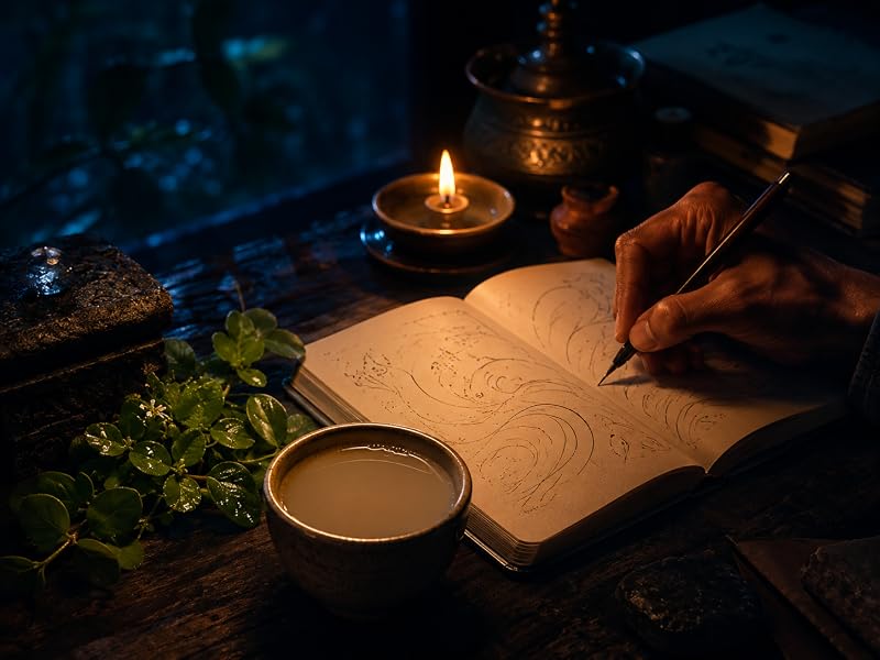 Cuaderno, vela y una taza de brahmi con hojas de bacopa sobre una mesa de madera