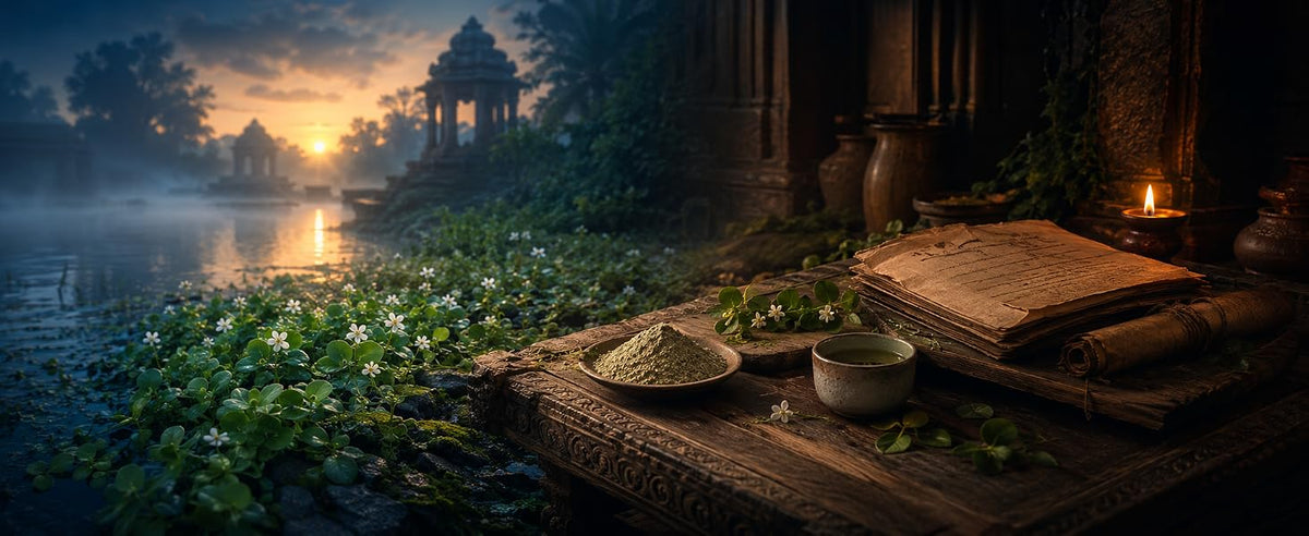 Manuscritos antiguos y brahmi en polvo junto a un lago en la India, hierba de los textos clásicos del ayurveda