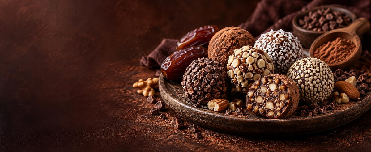 Bolitas energéticas sin horno con cacao crudo, dátiles y frutos secos