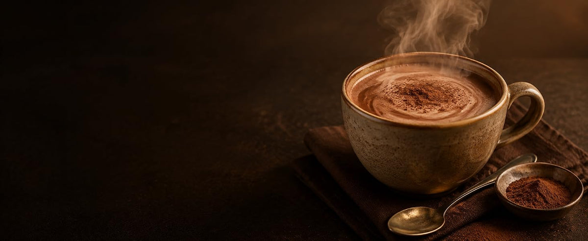 Taza de cacao caliente con vapor y una cucharada de cacao desgrasado en polvo