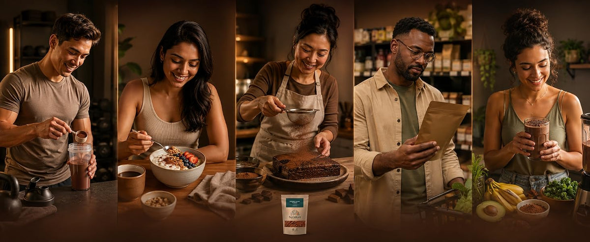 Cinco personas usando cacao en polvo: batidos, desayuno, repostería y cocina plant-based