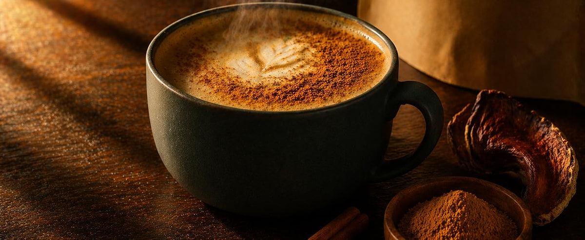 Taza de latte con espuma y polvo de 7 setas junto a una seta reishi y un cuenco de polvo