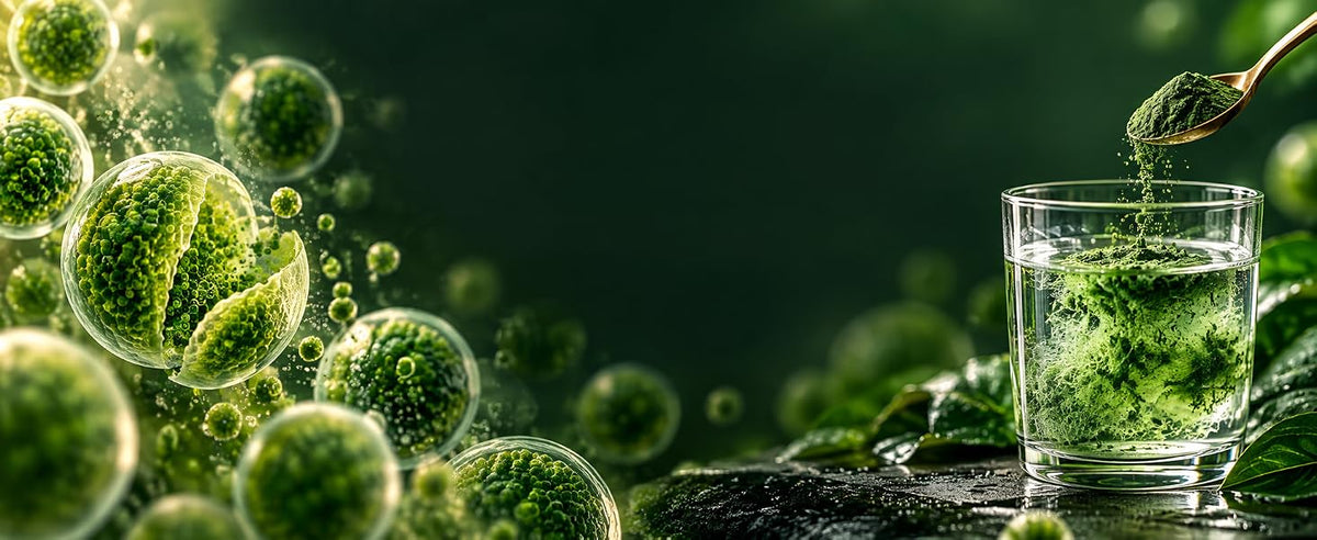 Vaso de agua limpia con cubitos de hielo entre plantas verdes, chlorella con pared celular rota fácil de mezclar