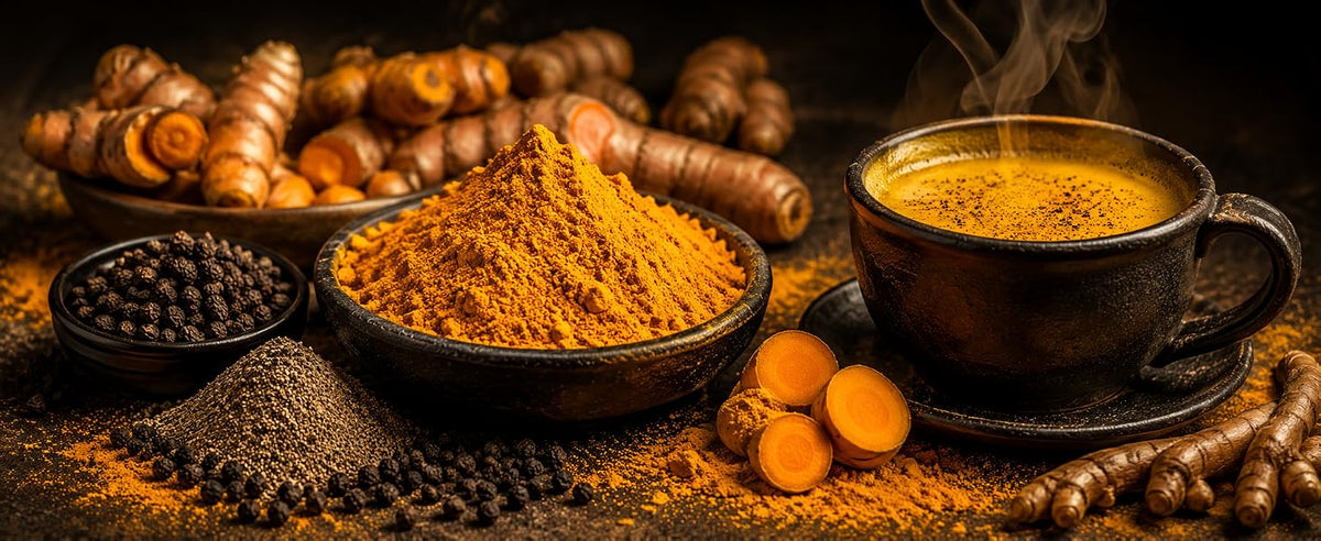 Cúrcuma en polvo con pimienta negra y taza de golden milk, combinación clásica del ayurveda