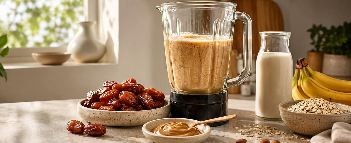 Batido cremoso endulzado con dátiles Deglet Nour sin hueso, leche de avena y plátano