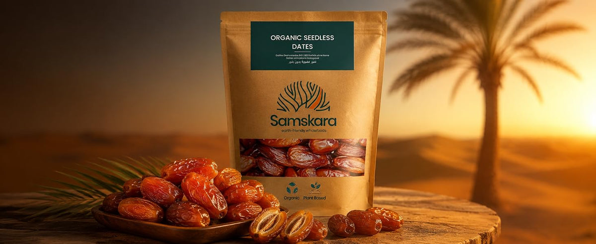 Dátiles Deglet Nour sin hueso ecológicos BIO Samskara, el dátil de la luz de los oasis saharianos