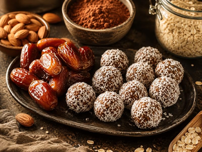 Trufas y bolas de energía de dátiles Deglet Nour con cacao y coco