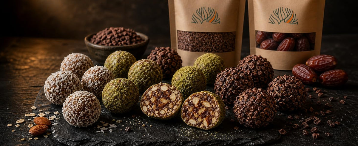 Bolitas de energía con dátiles Medjoul, avena, mantequilla de almendra y nibs de cacao