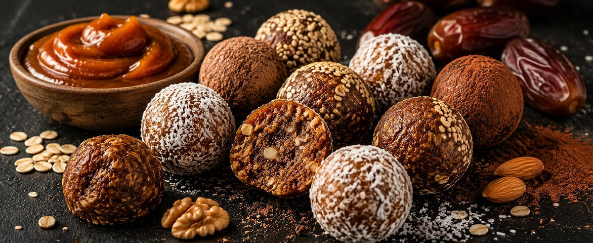 Energy balls de cacao con pasta de dátiles, avena y mantequilla de almendra
