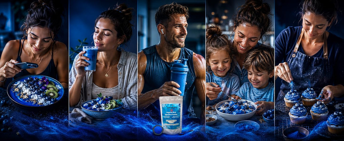 Grupo de personas vestidas de azul brindando con bebidas azules hechas con espirulina azul