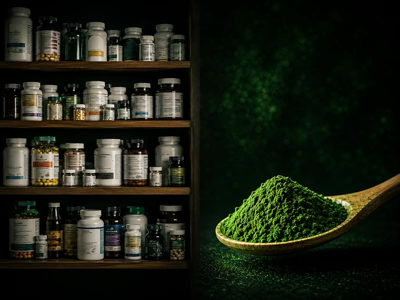 Estantes de suplementos en frascos frente a una cucharadita de espirulina, alternativa de alimento integral