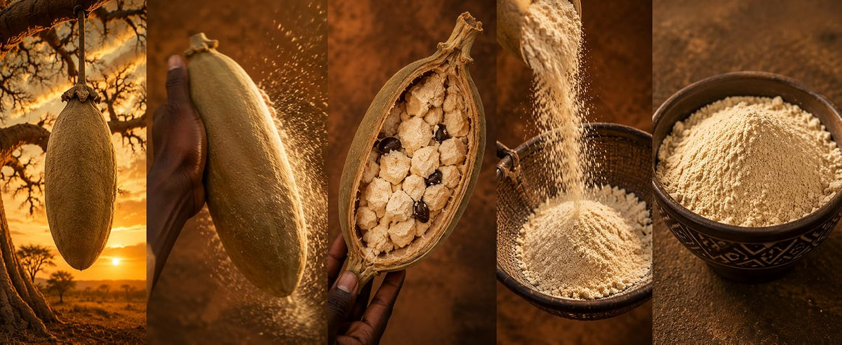 Fruta de baobab que se seca sola en el árbol bajo el sol de África