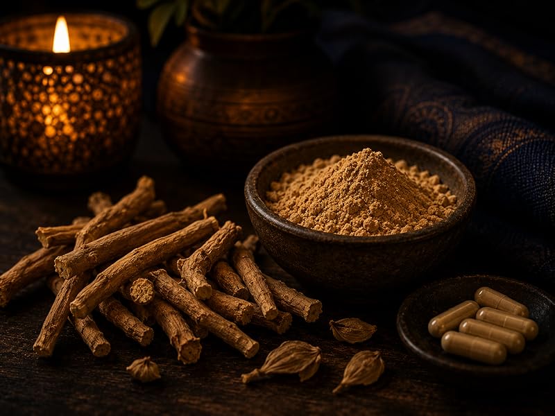 Raíces de ashwagandha y un cuenco de polvo junto a una vela, raíz venerada en el ayurveda