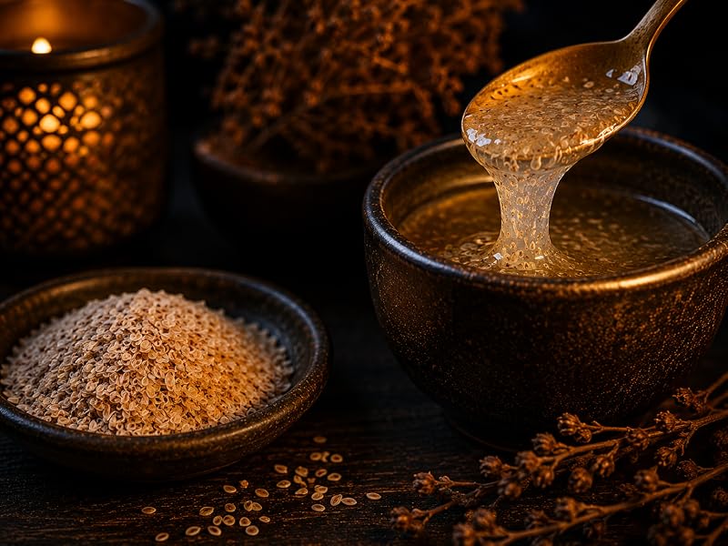 Cuchara con gel suave de psyllium junto a un cuenco con cascarilla de psyllium