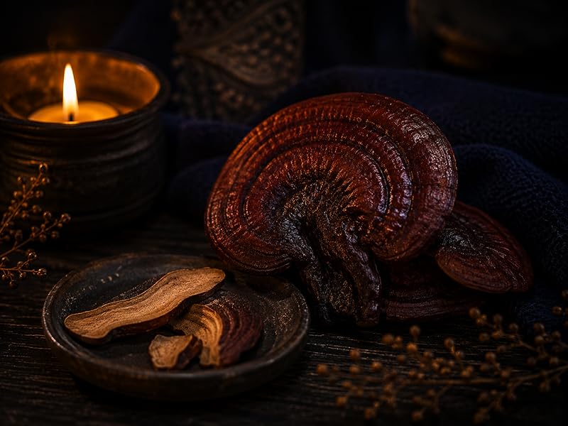 Hongo reishi y reishi laminado junto a una vela, hongo de larga tradición en Asia oriental