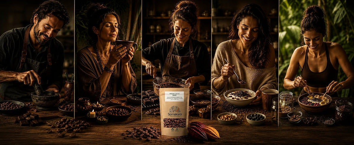 Grupo de personas sentadas alrededor de una mesa con iluminación cálida, compartiendo cacao