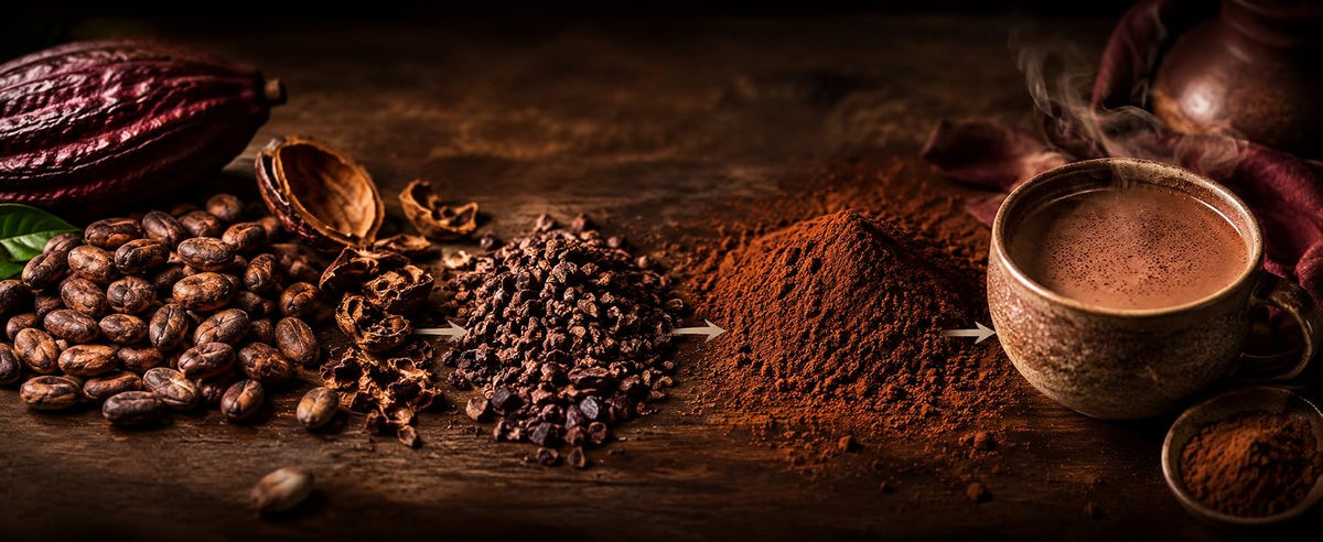 Granos de cacao crudo enteros, sabor intenso y nada dulce