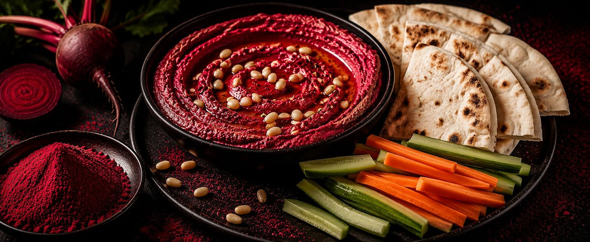 Hummus rojo con remolacha en polvo servido como dip o aliño