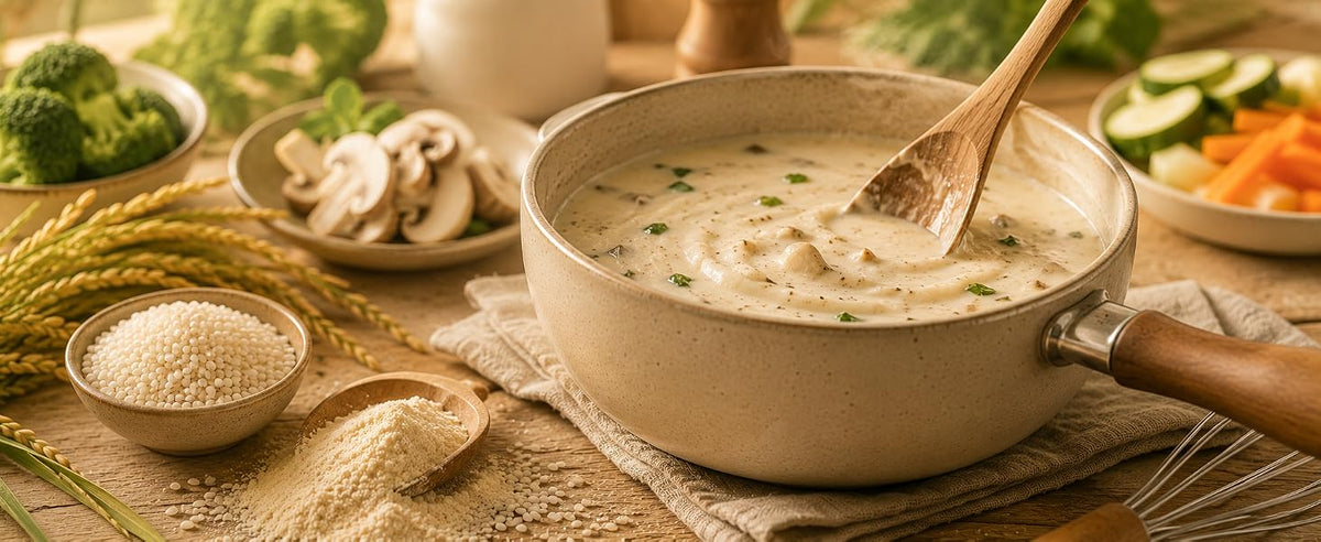 Salsa bechamel vegetal y cremas saladas con leche de arroz en polvo