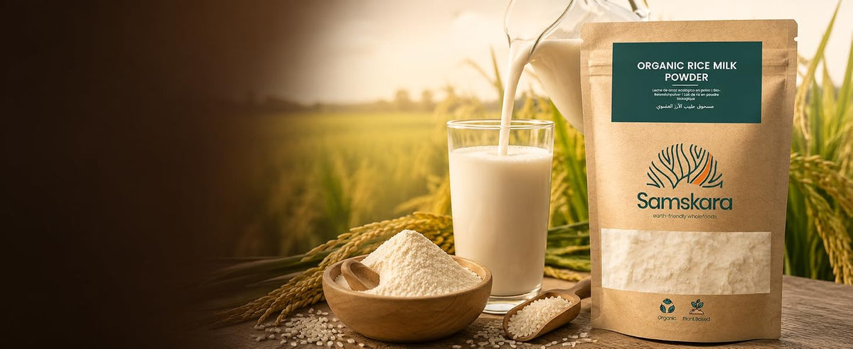 Leche de arroz en polvo ecológica BIO Samskara, bebida vegetal suave y cremosa