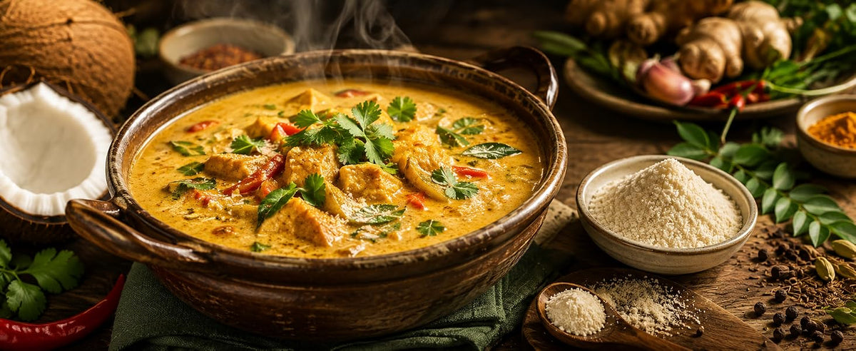 Curry amarillo cremoso hecho con leche de coco en polvo
