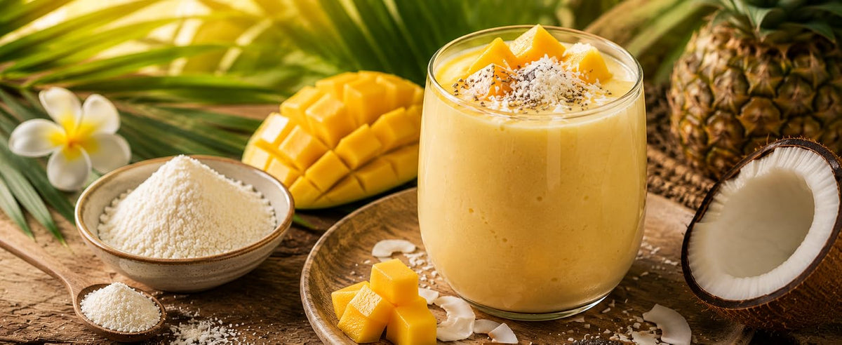 Smoothie tropical de mango con leche de coco en polvo