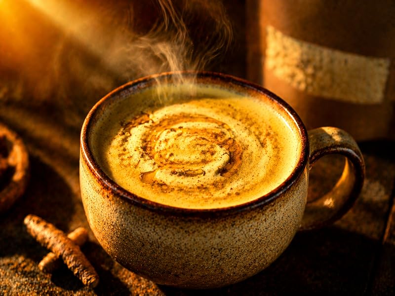 Primer plano de una taza de leche dorada con espuma y cúrcuma con ashwagandha en polvo