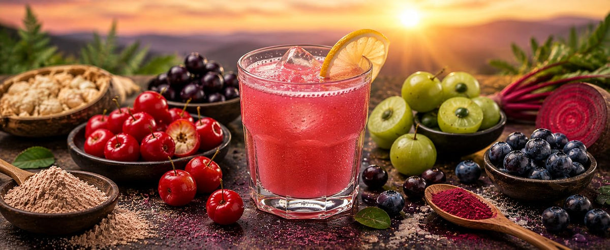 Vaso de bebida rosa fría con limón y hielo junto a acerolas, arándanos, amla y polvo de superfrutos
