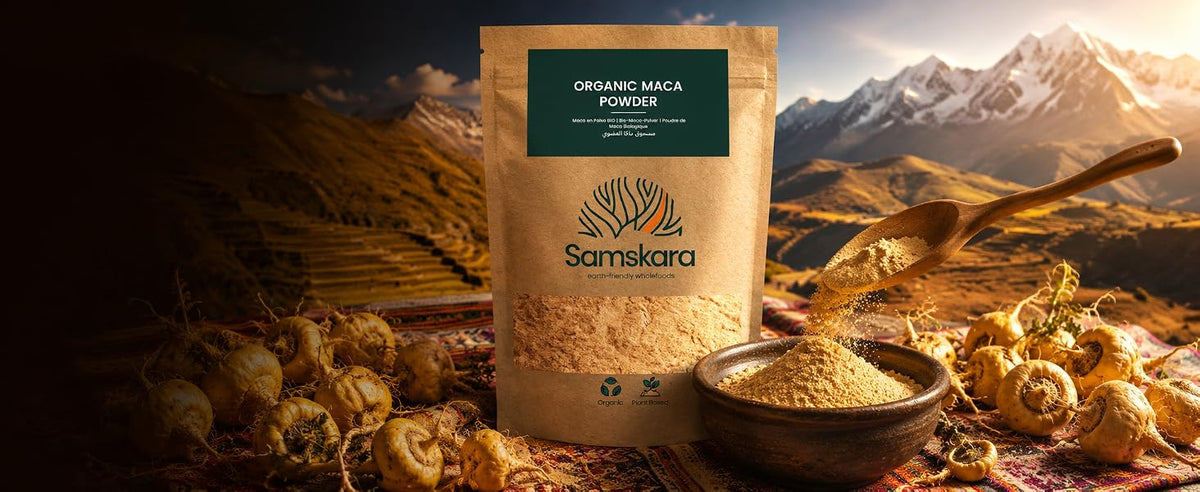 Maca amarilla BIO en polvo Samskara Tribe, raíz orgánica del altiplano de Junín en los Andes de Perú