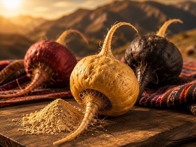 Raíces de maca amarilla, roja y negra sobre fondo de montañas andinas