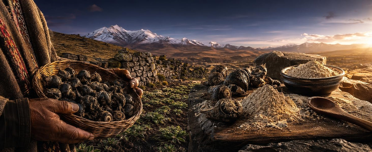 Cesta de raíces de maca negra cosechadas en los Andes peruanos con polvo de maca y cuchara de madera