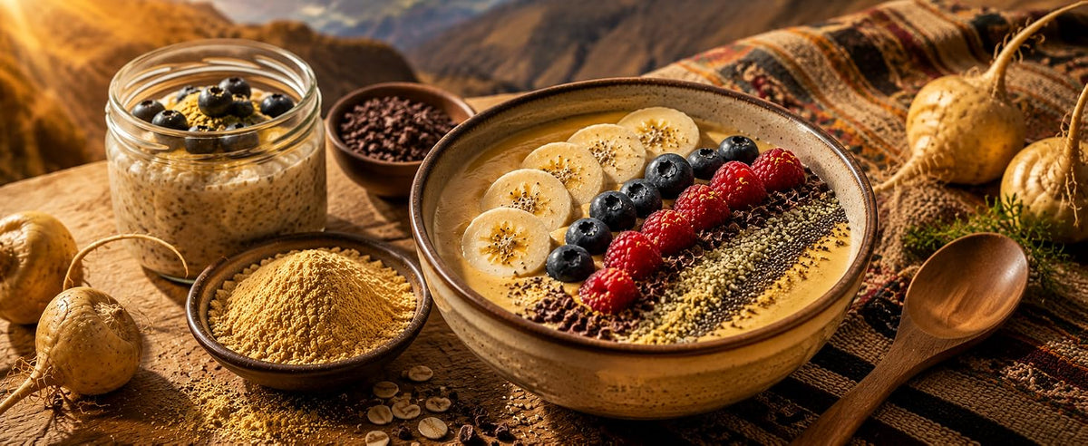 Smoothie bowl, avena nocturna y yogur con maca en polvo y su toque a caramelo