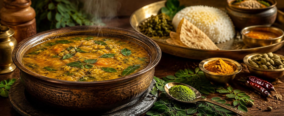 Dal, sopa o sambar con moringa en polvo añadida al final de la cocción