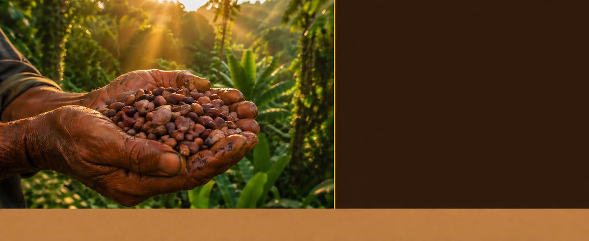 Manos sosteniendo granos de cacao crudo bajo la luz del sol en una plantación peruana