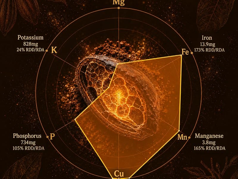 Gráfico radial de minerales del cacao: potasio, fósforo, hierro, manganeso, cobre y magnesio