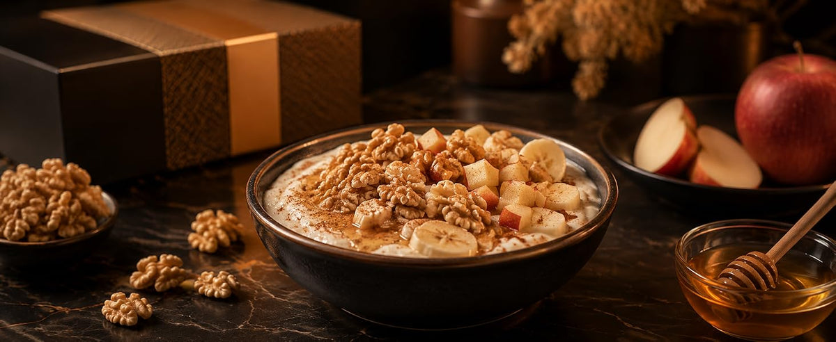 Bol de avena con nueces, plátano y miel junto a manzana roja y caja premium