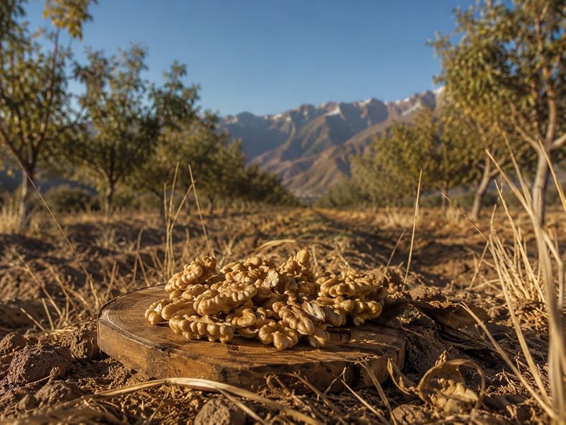 Nueces peladas sobre un tronco entre nogales con montañas al fondo