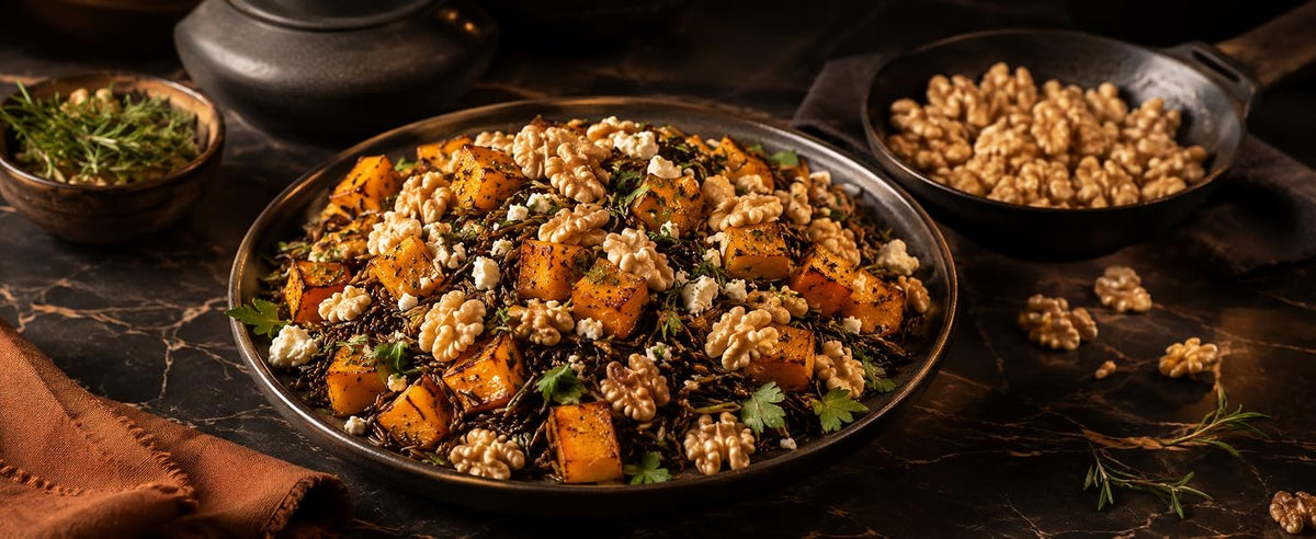 Plato de verduras asadas y arroz con nueces y cuenco de nueces peladas junto a sartén
